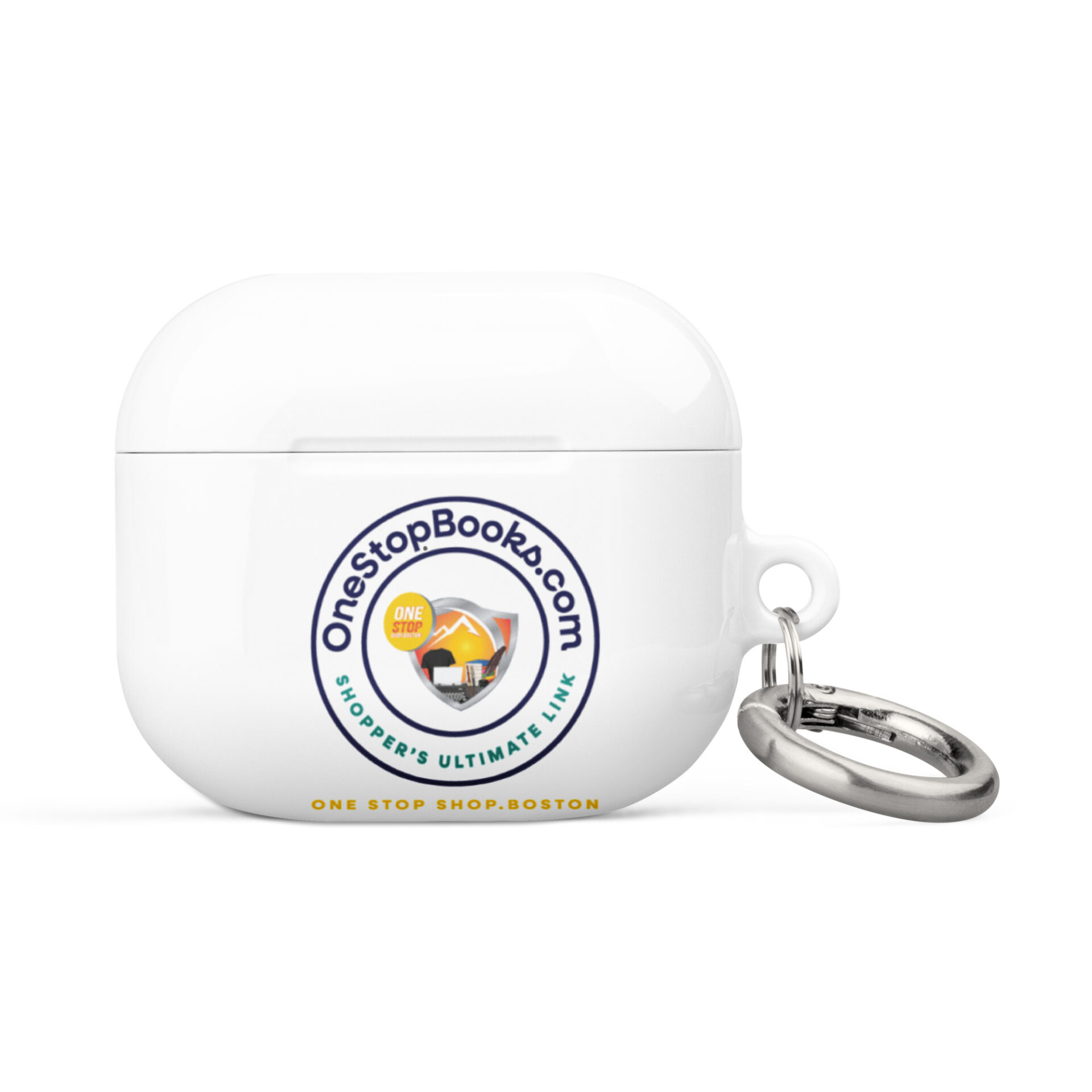 White AirPod case with keychain, OneStopBooks.com logo.