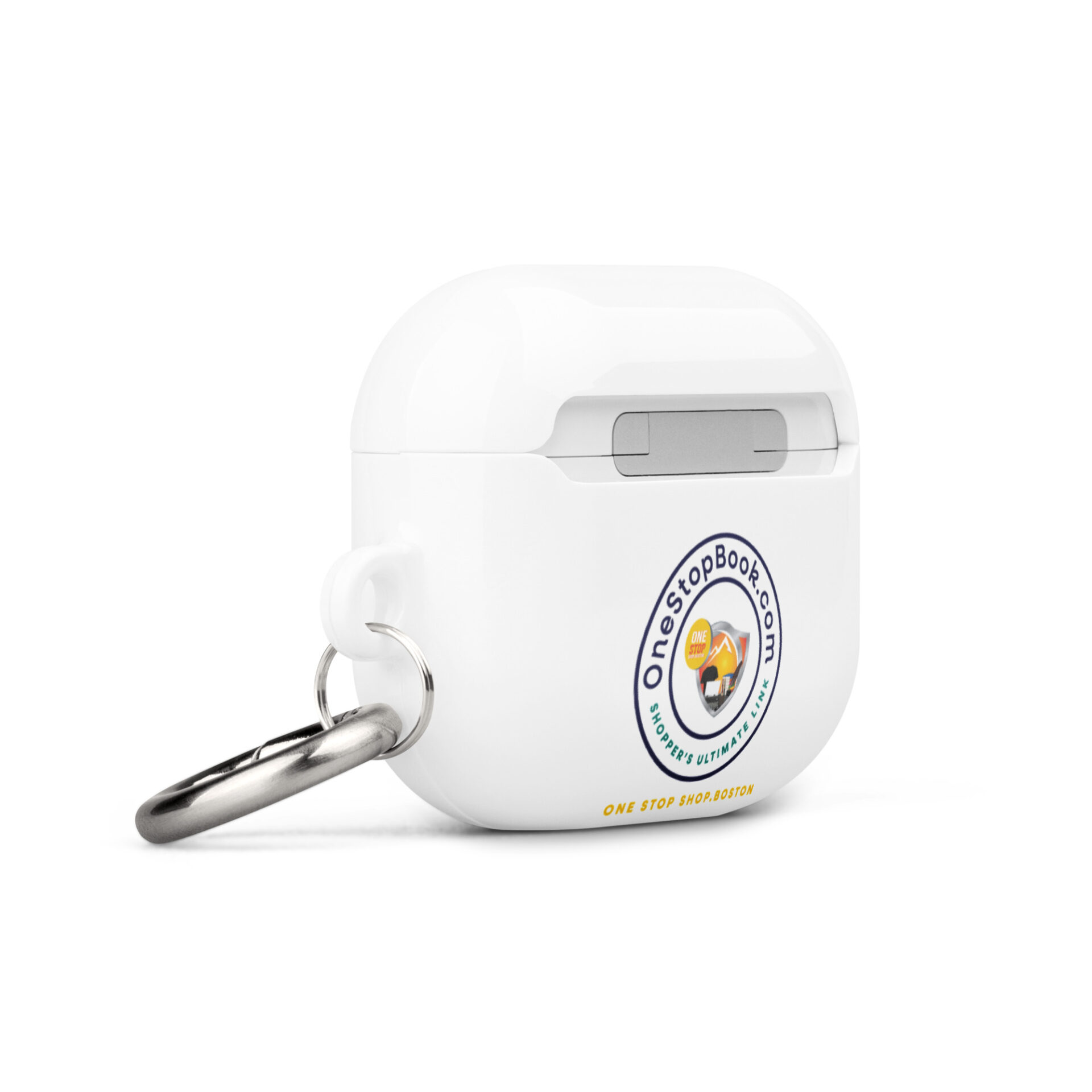 White Airpod case with keychain and logo.