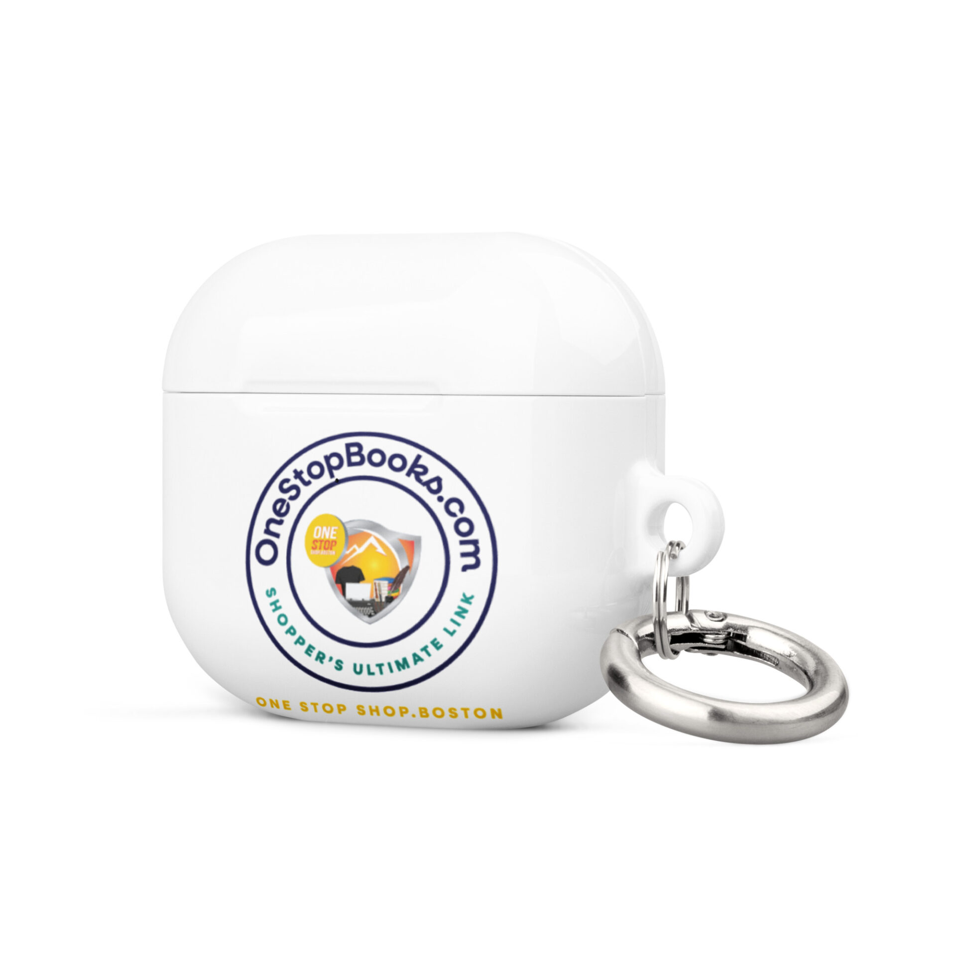 White Airpod case with One Stop Books logo.