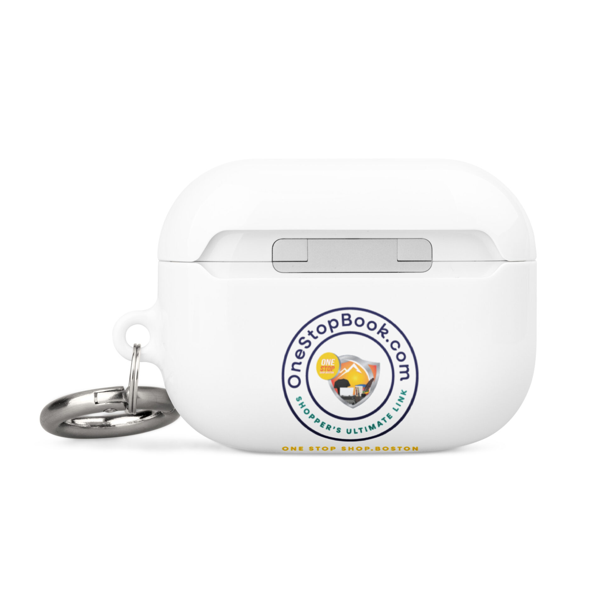 White Airpods case with keychain.