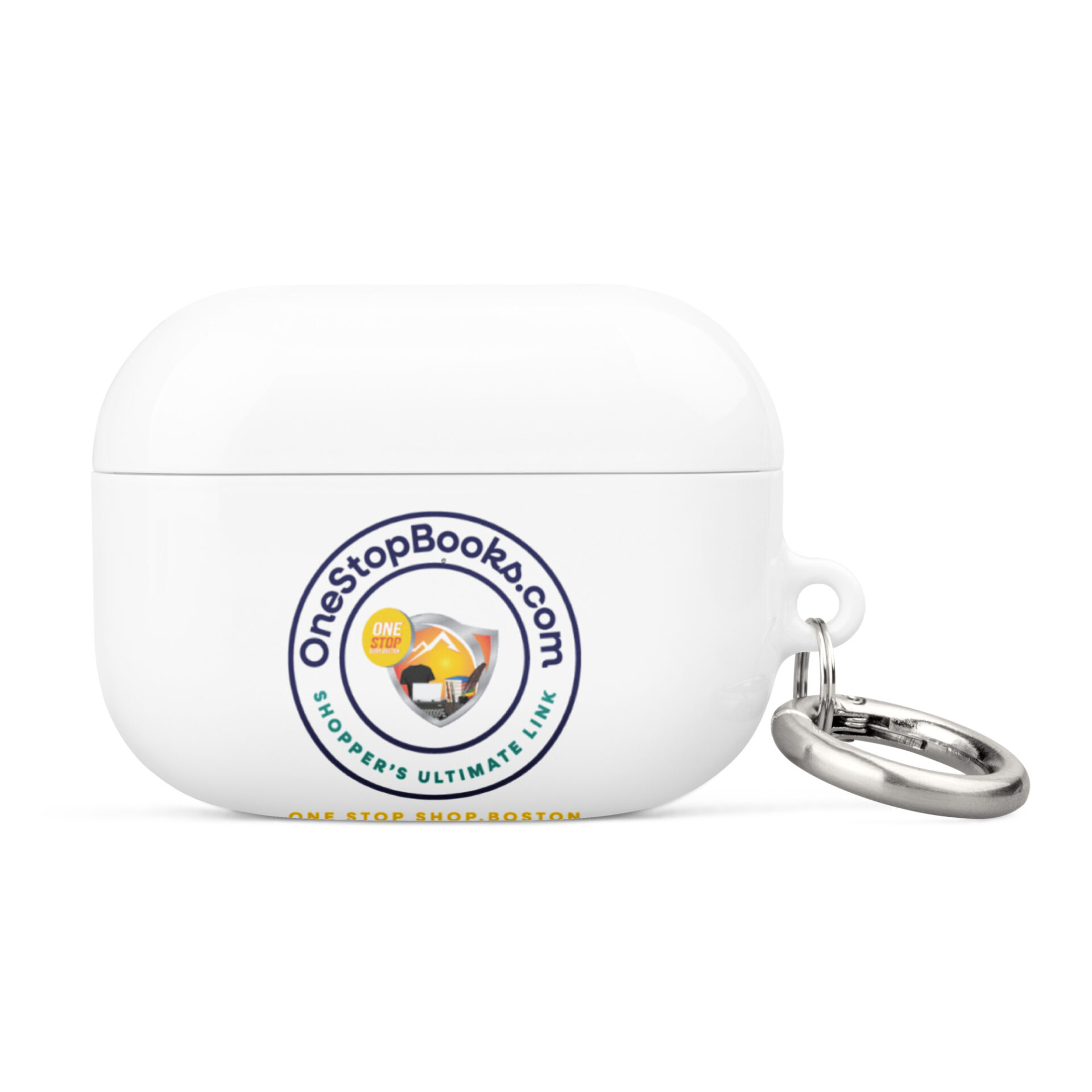 White Airpods case with One Stop Books logo.