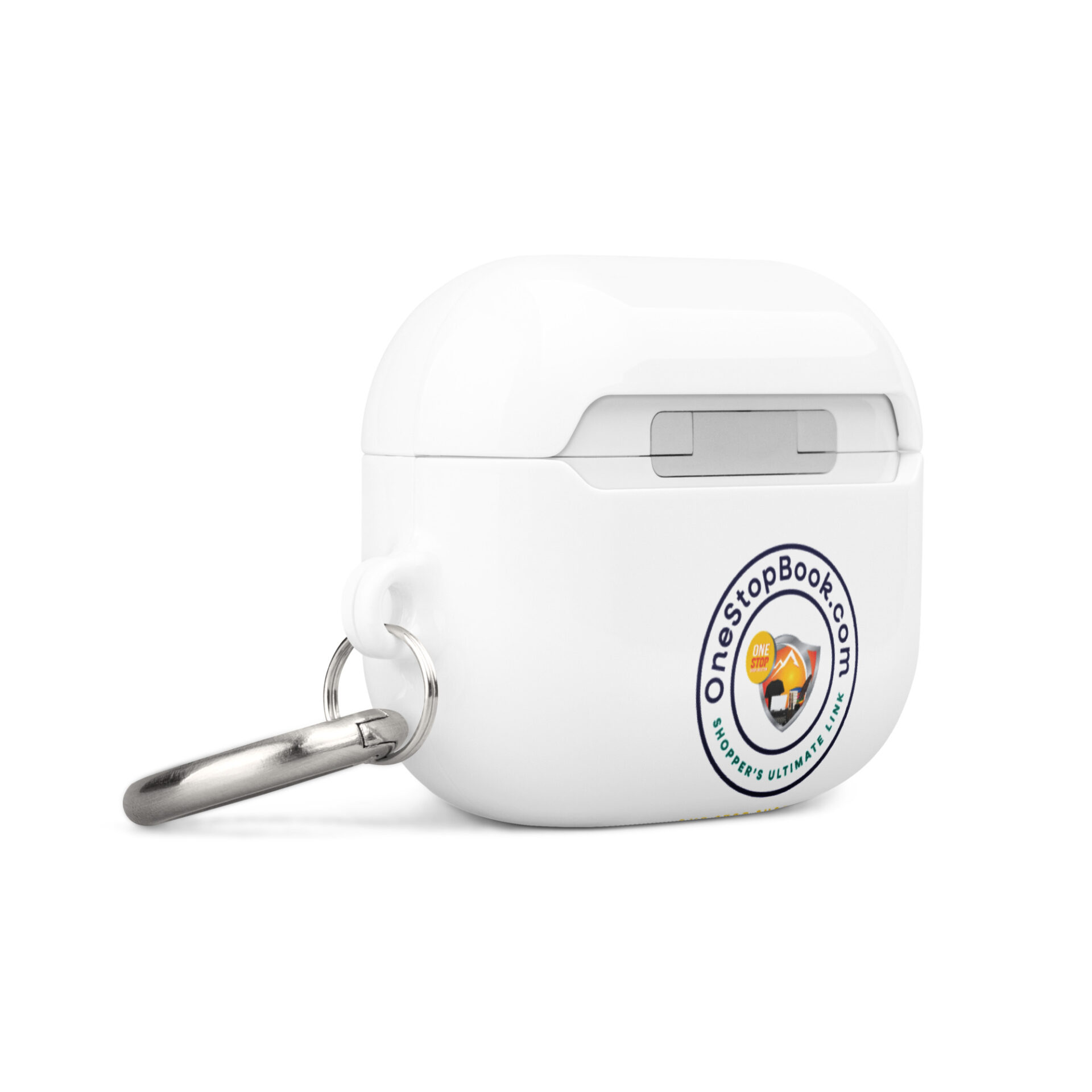 White Airpods case with OneStopBook.com logo.
