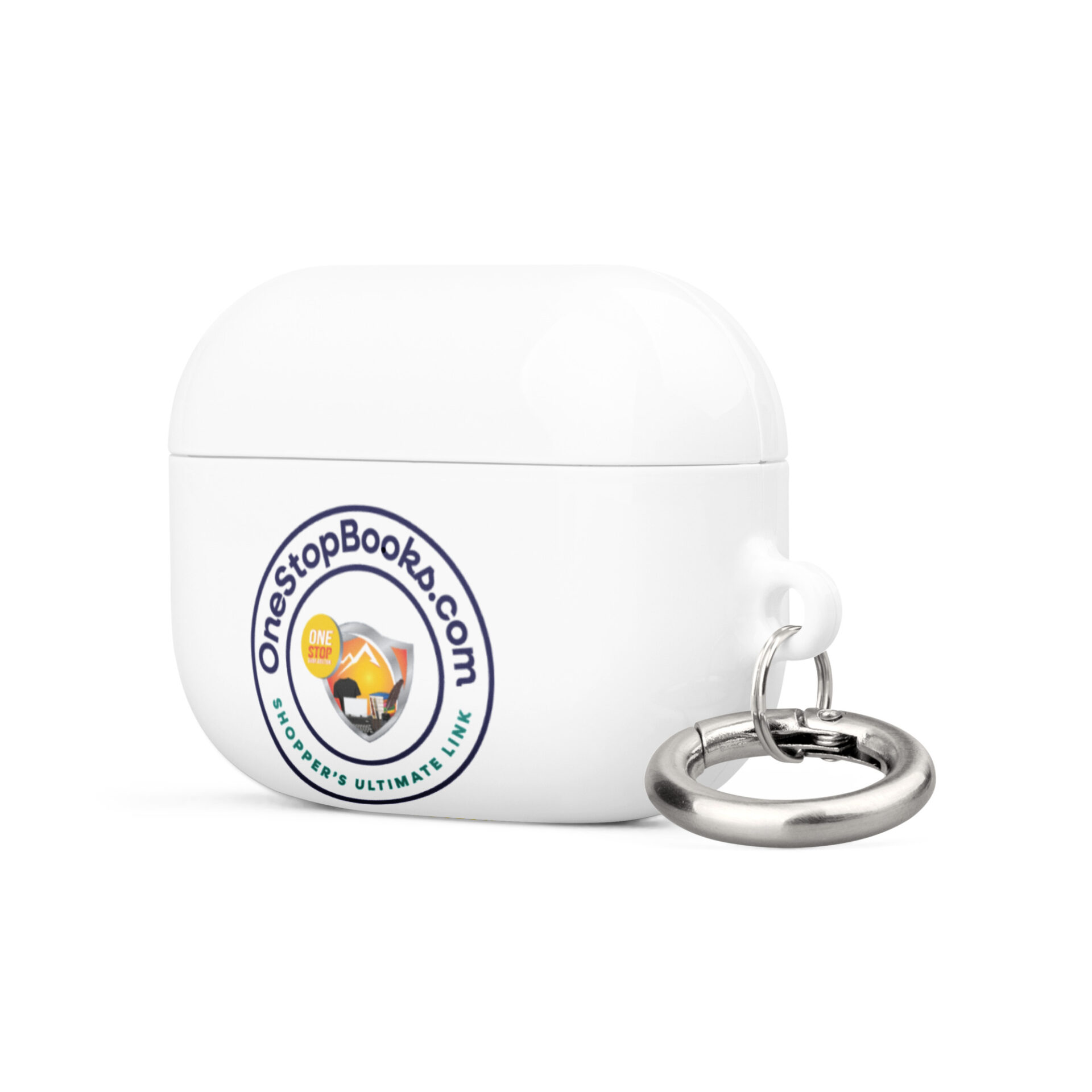 White Airpods case with OnestopBooks.com logo.