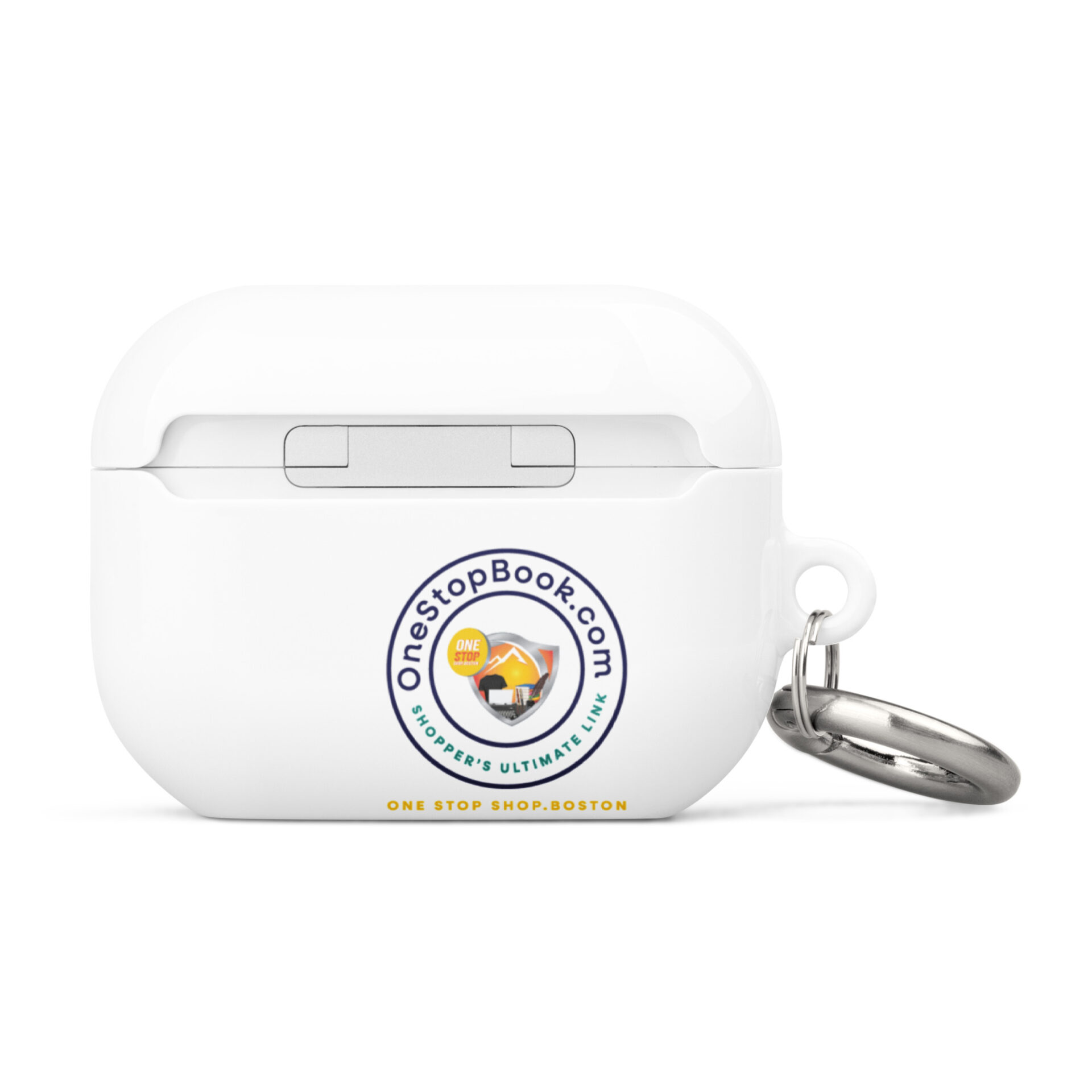 White Airpods case with keychain.