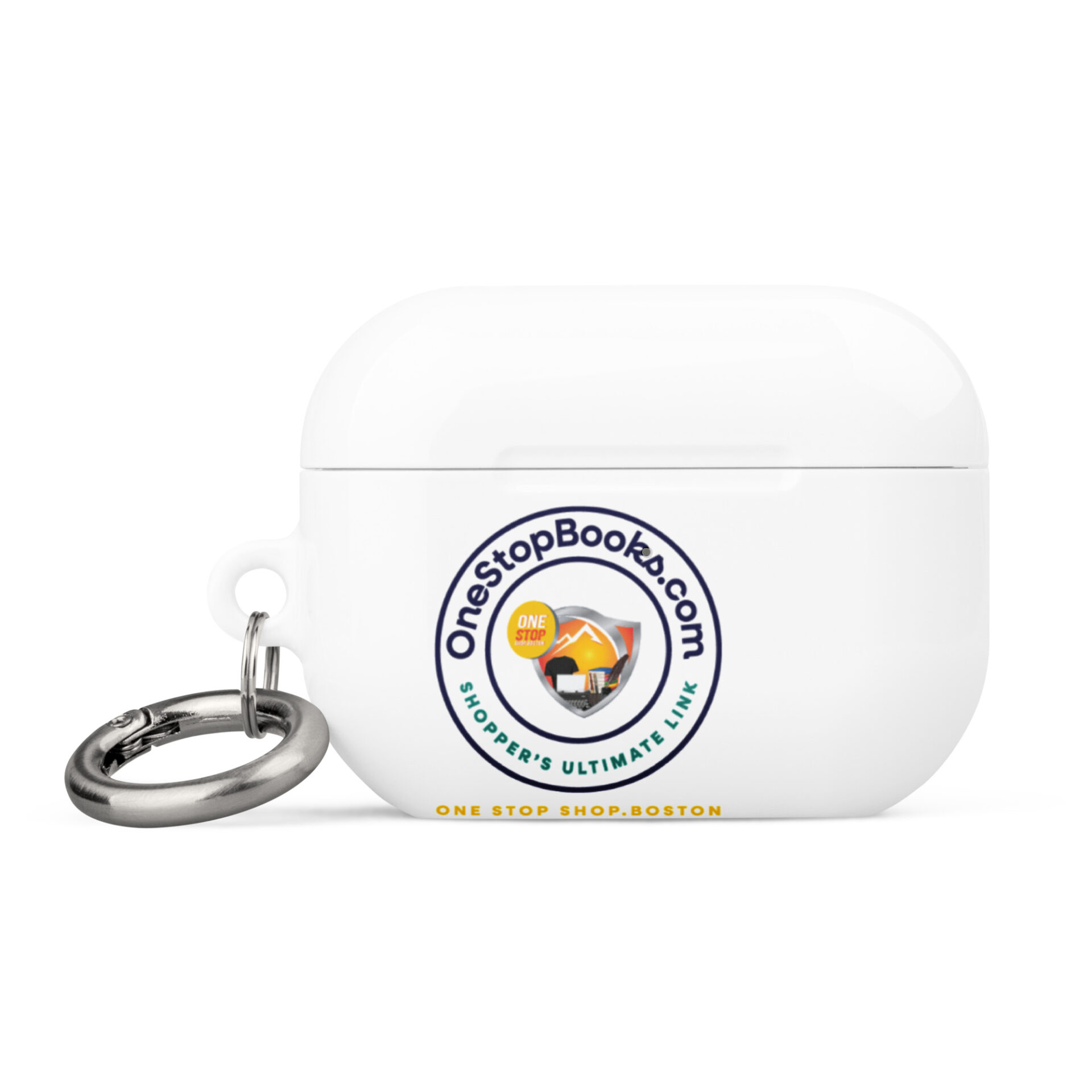 White AirPod case with One Stop Books logo.