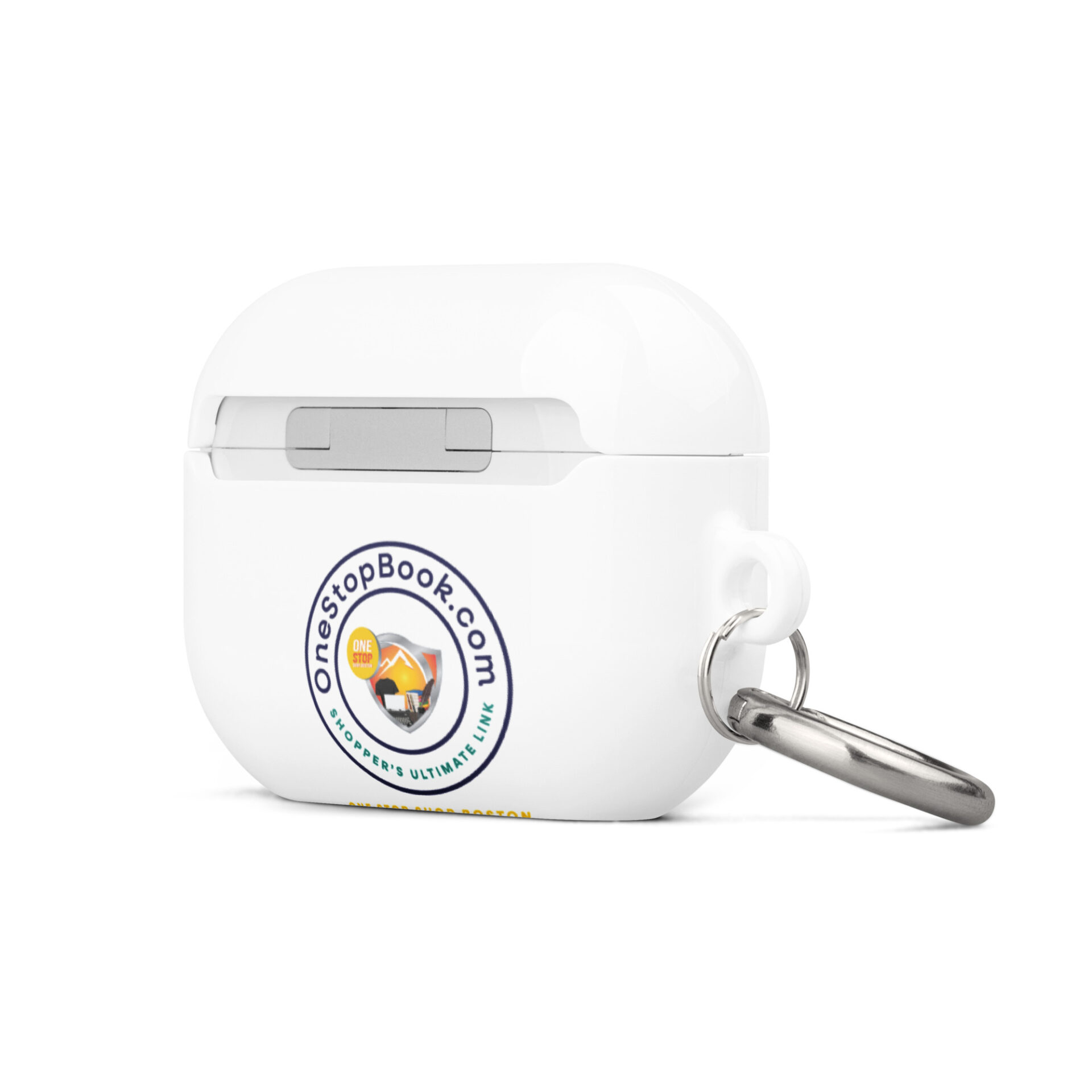 White Airpods case with OneStopBook.com logo.