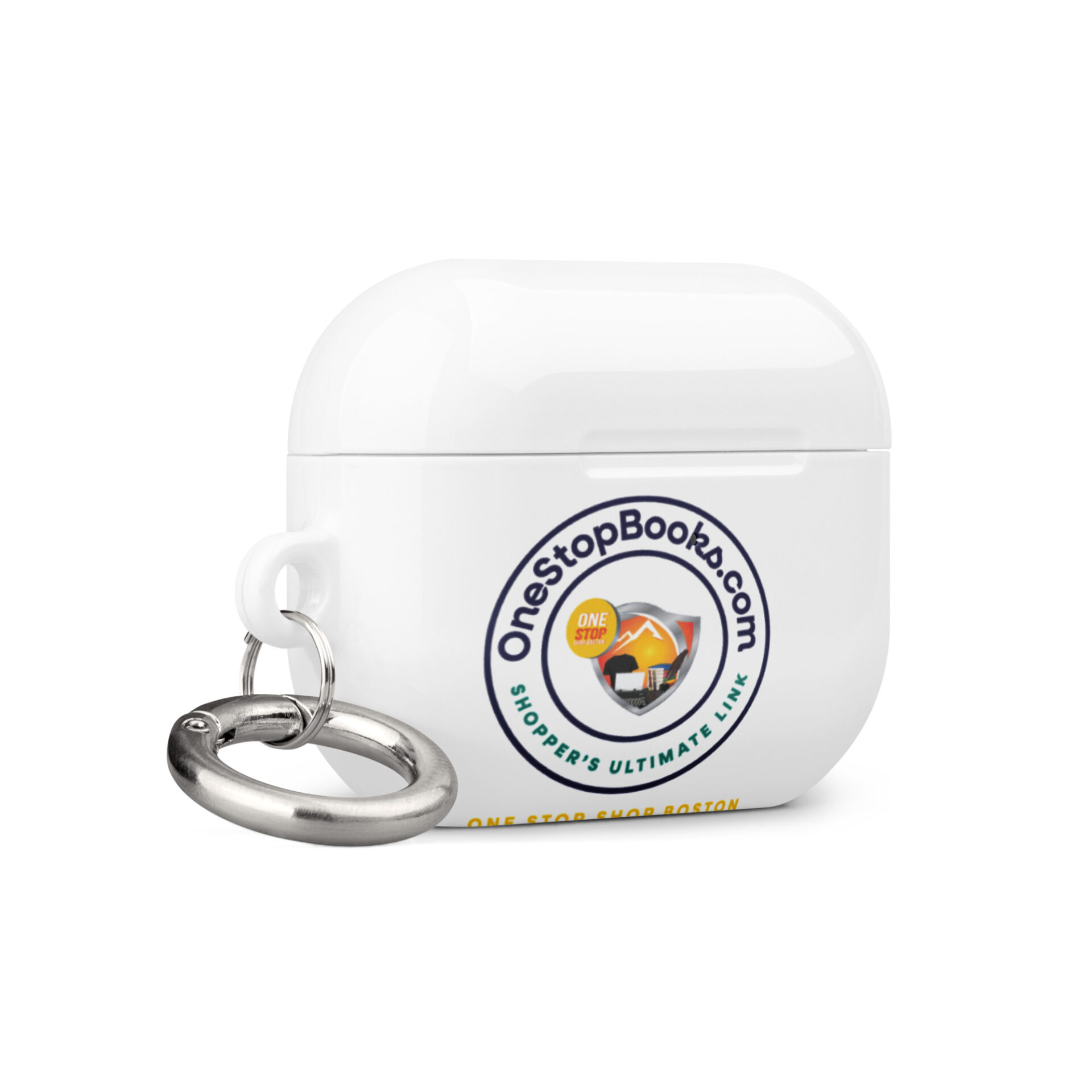 White Airpod case with OnestopBooks.com logo.