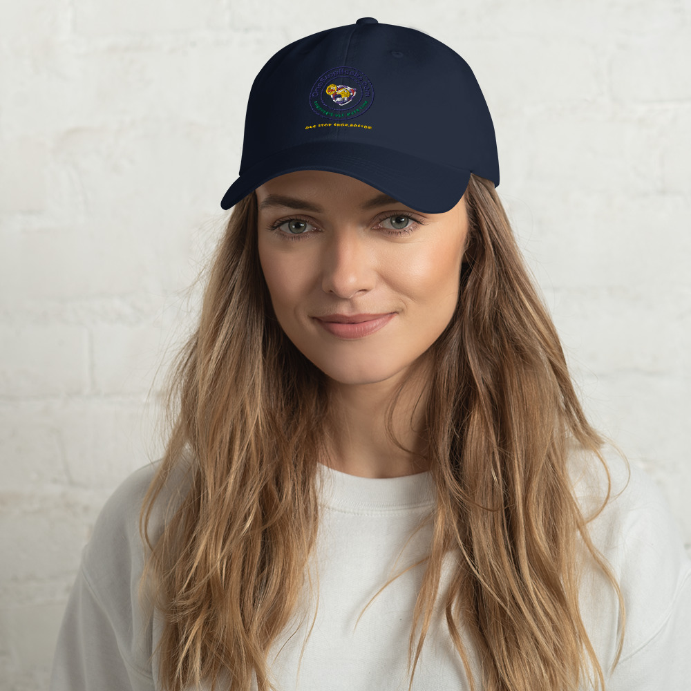 Woman wearing a blue baseball cap.