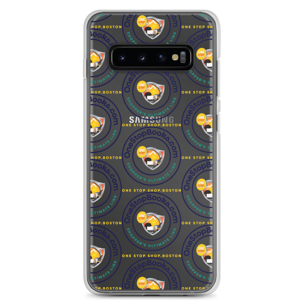 Samsung phone case with One Stop Shop Boston design.