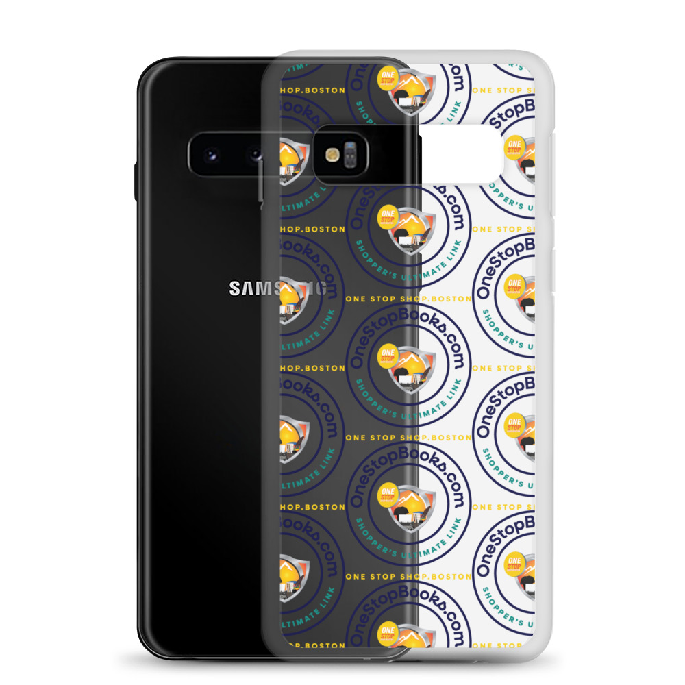Samsung phone case with One Stop Books design.