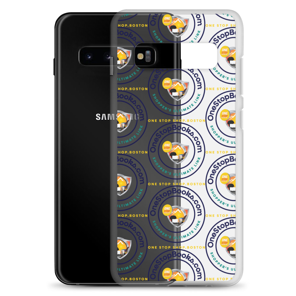 Black Samsung phone case with One Stop Books design.