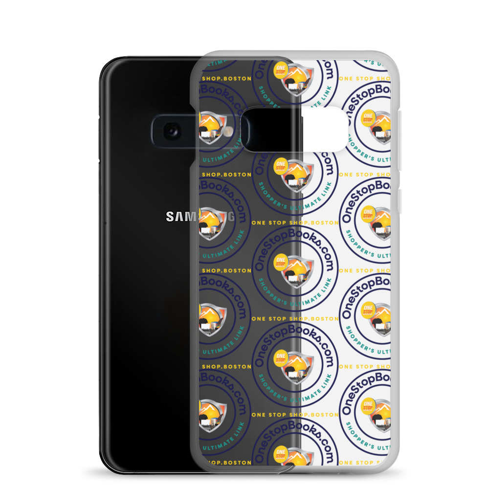 Black Samsung phone case with OneStopBooks.com design.