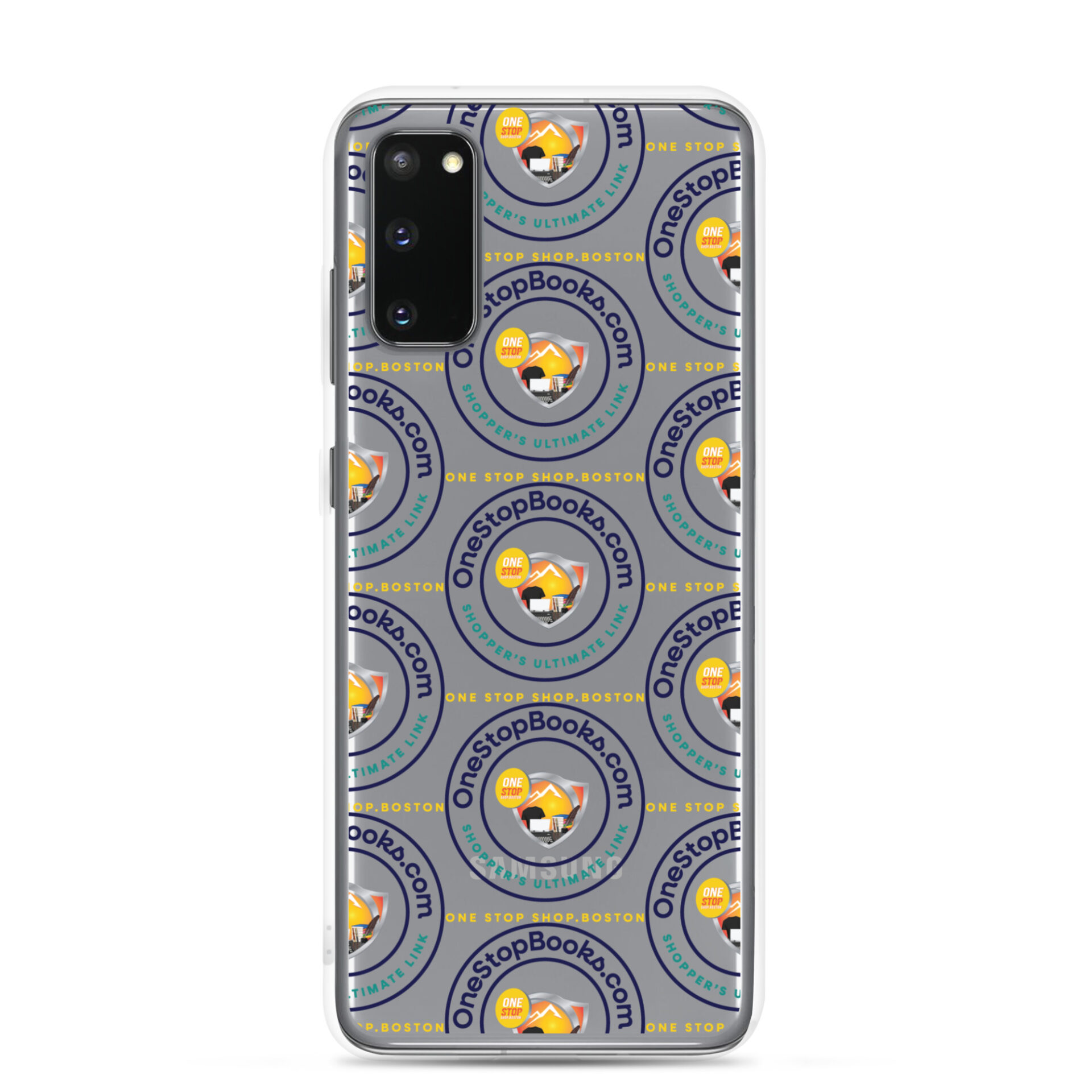 White phone case with OneStopBooks.com logo