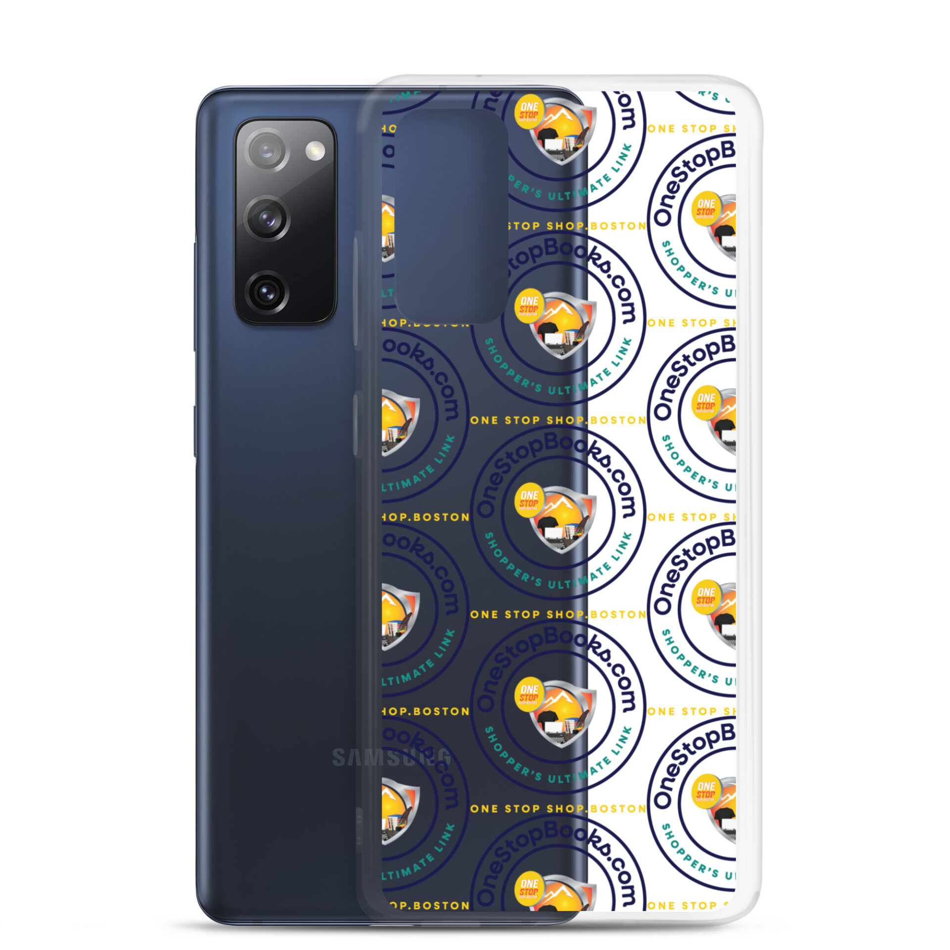 Samsung phone case with OneStopBooks logo.