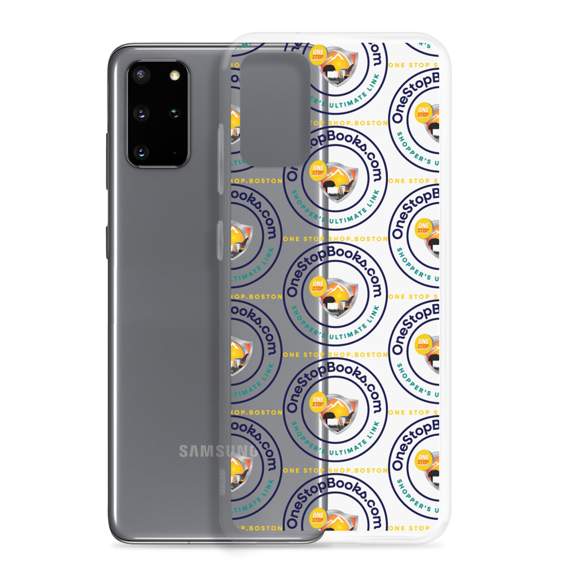 Samsung phone case with One Stop Books design.