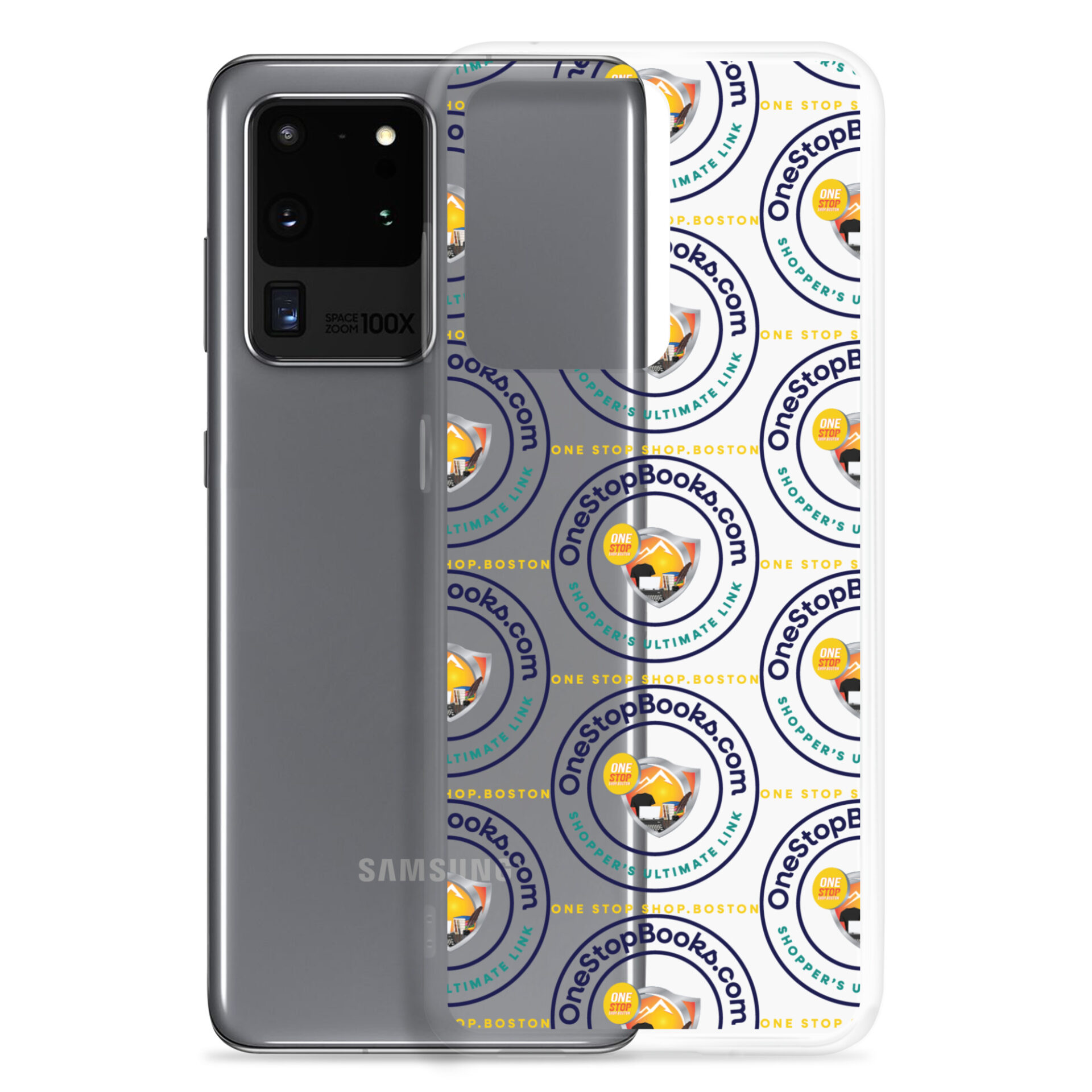 Samsung phone case with OneStopBooks.com logo