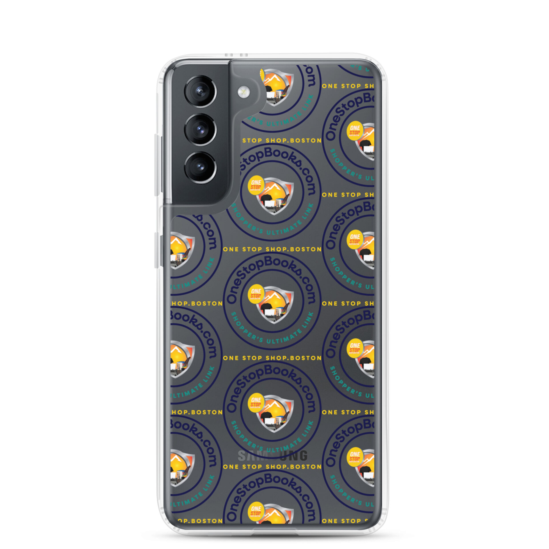 Clear phone case with One Stop Books logo