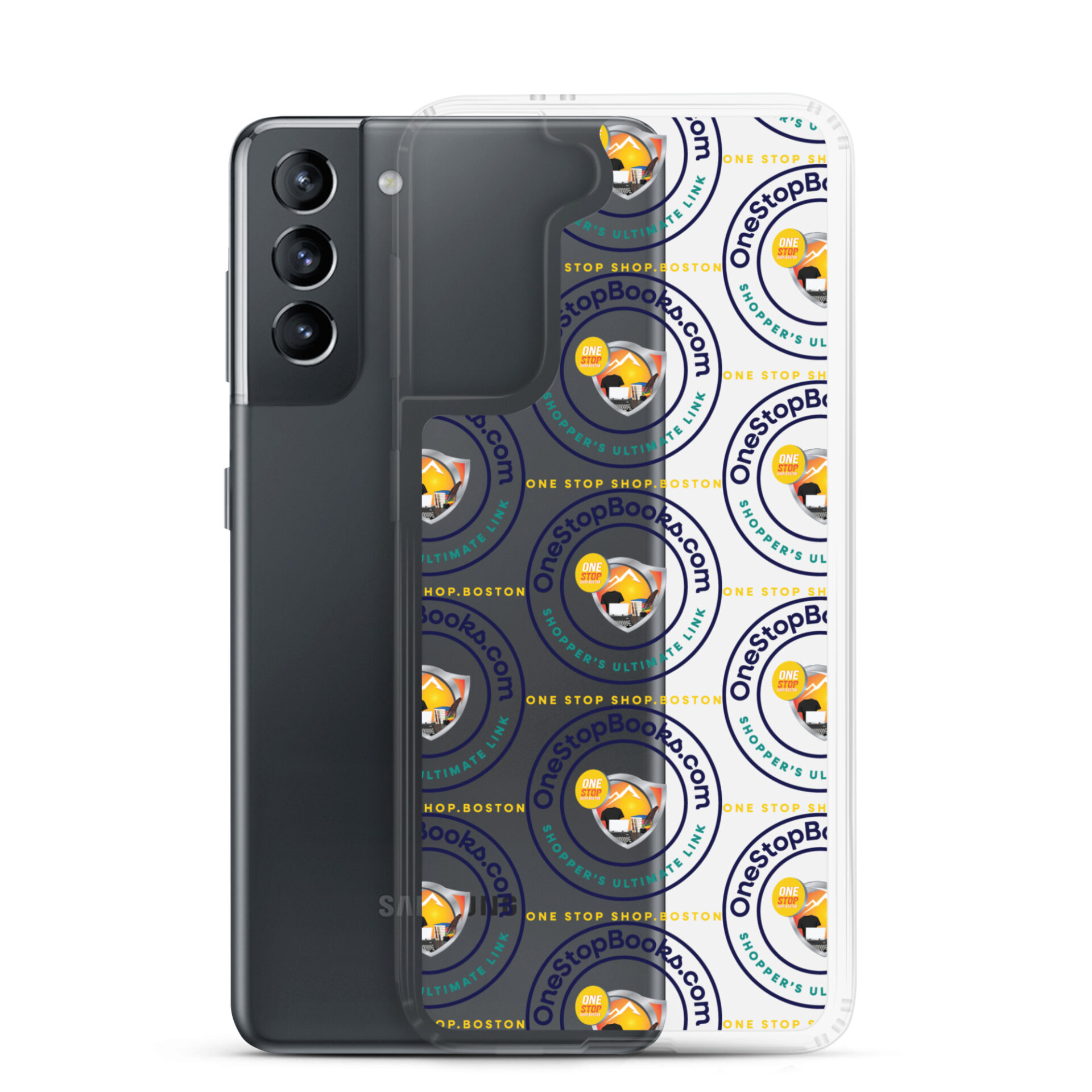 Black phone with clear case and logo design.