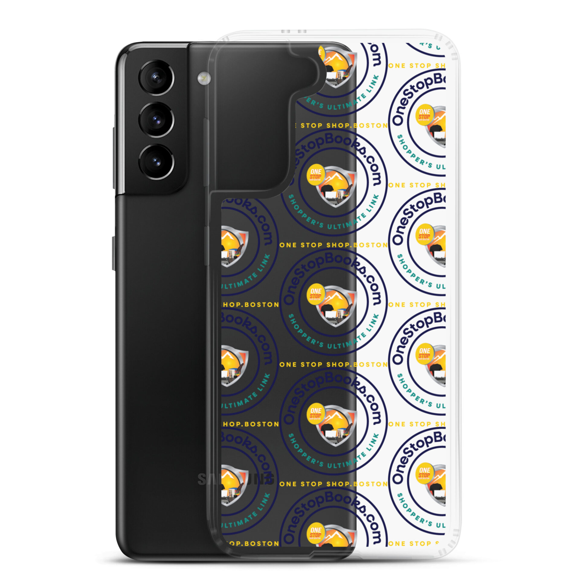 Black phone case with clear back, One Stop Book logo.