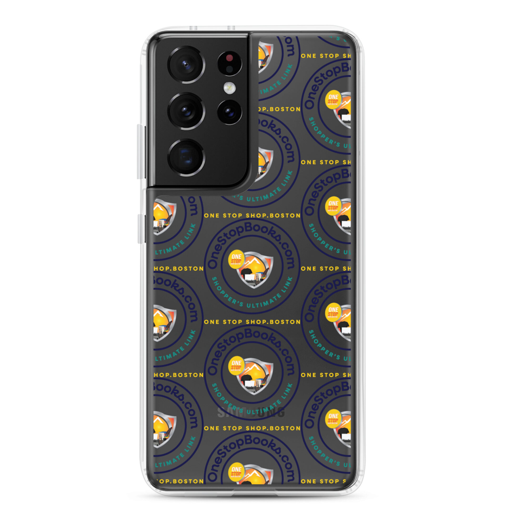 Phone case with OneStopBooks.com logo.