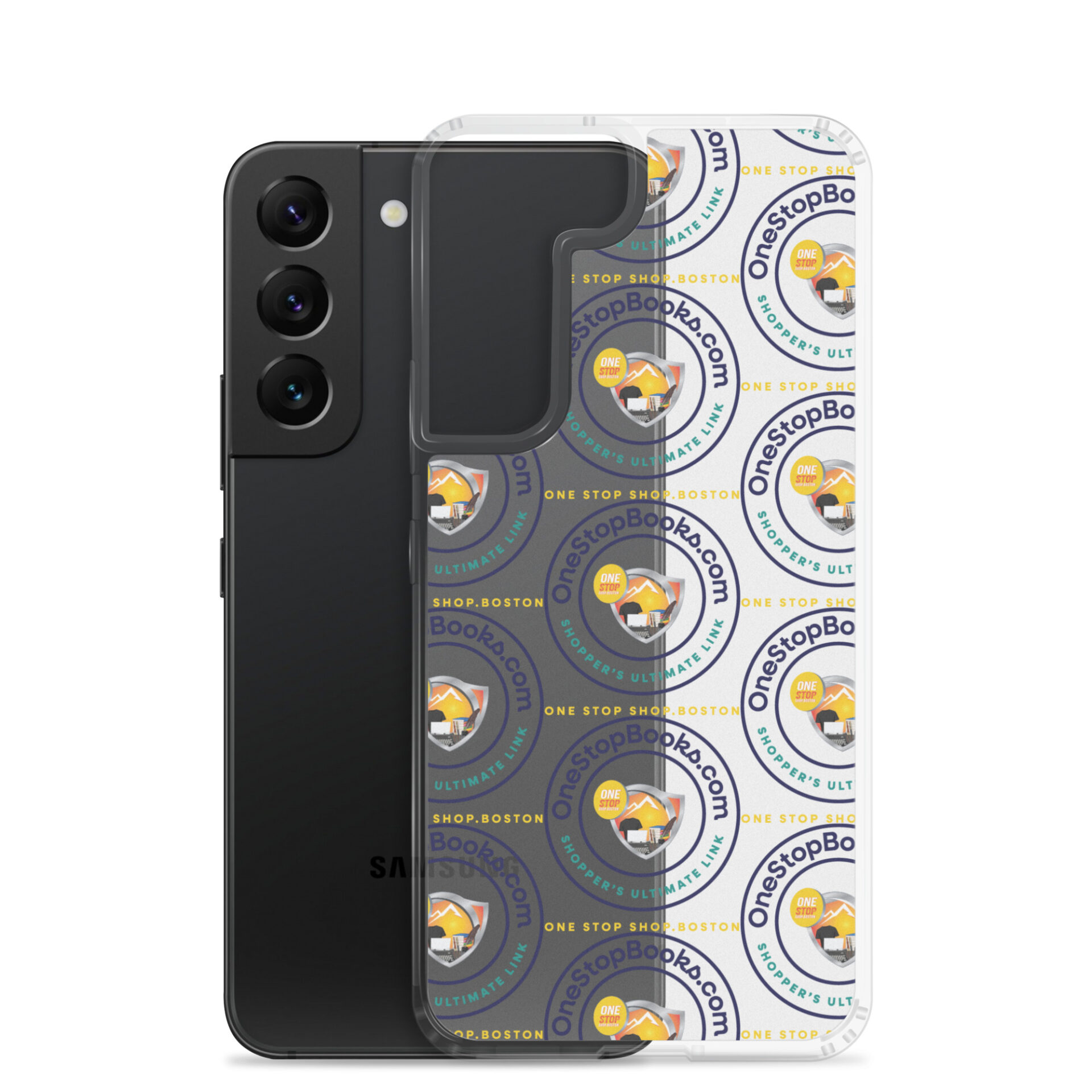 Black Samsung phone case with logo pattern.