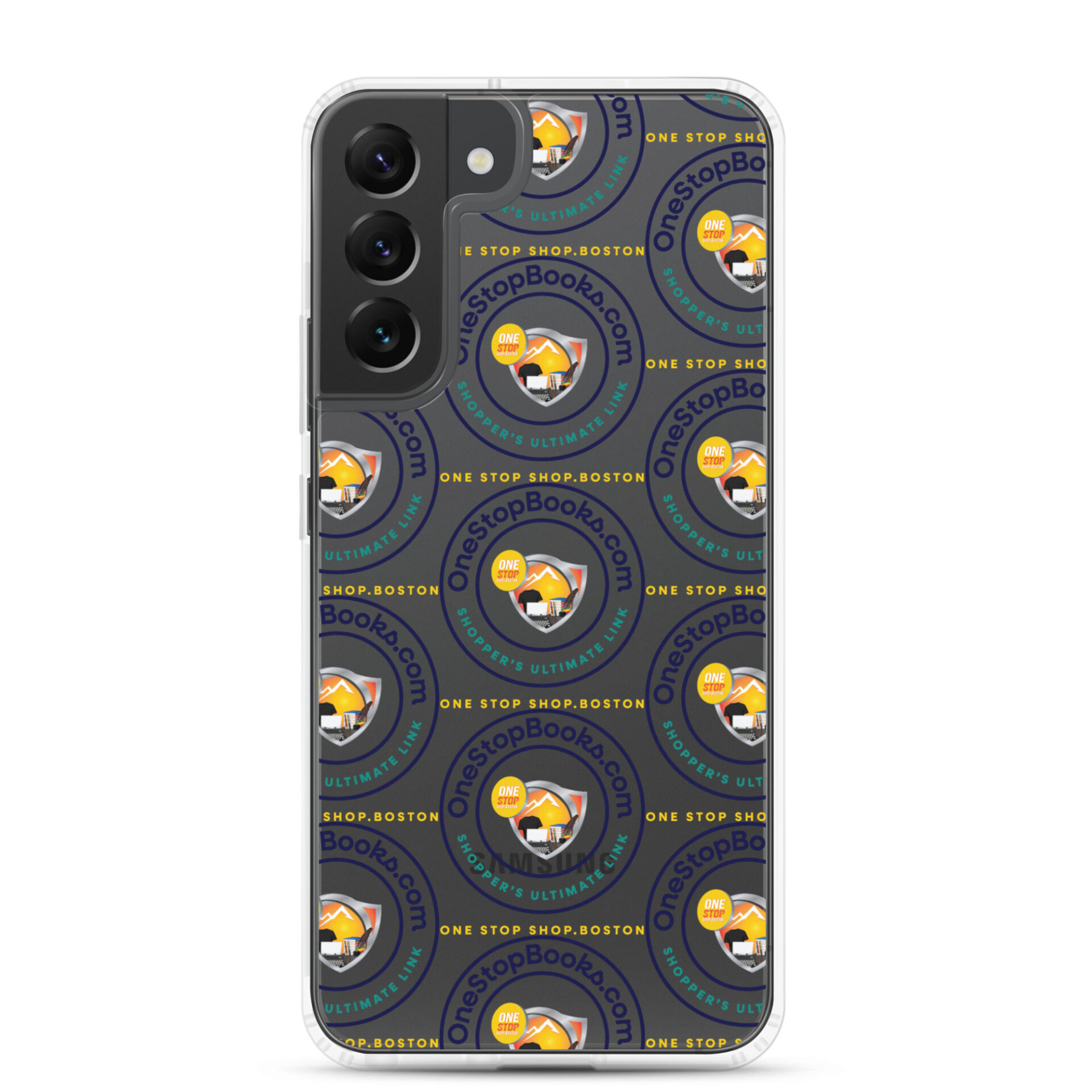 Clear phone case with OneStopBooks.com design.