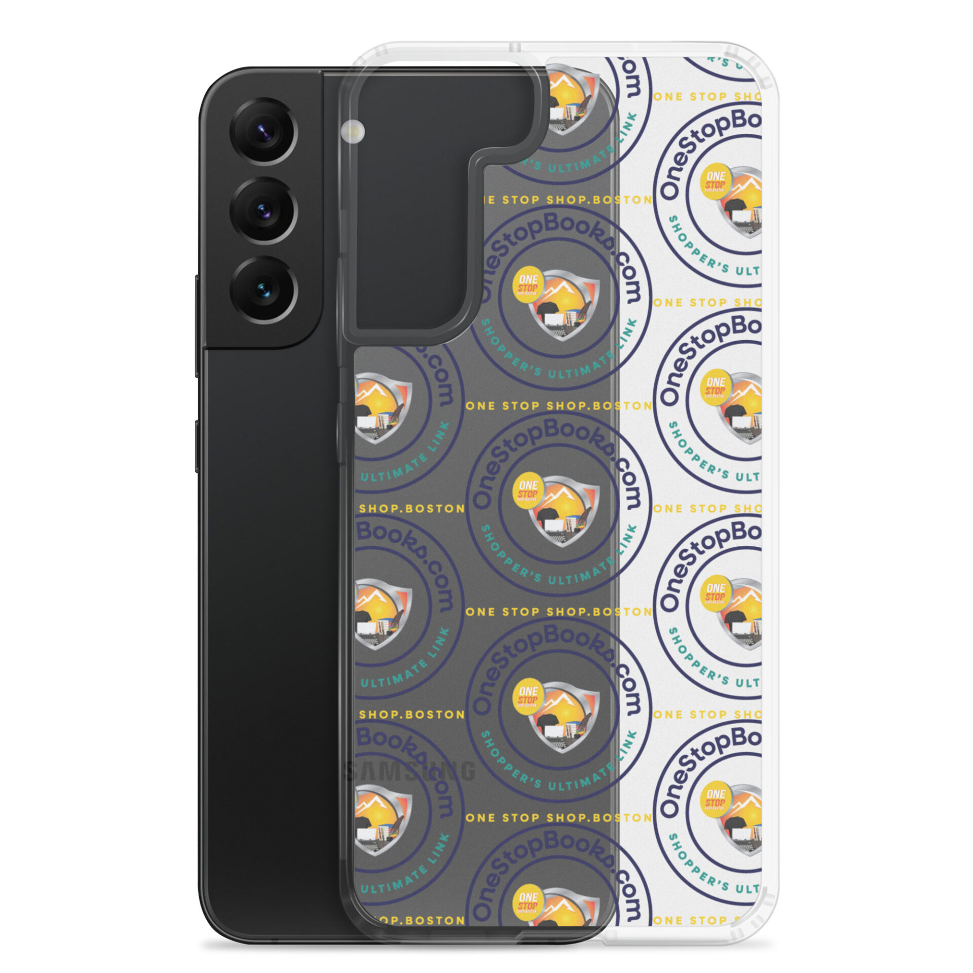Phone case with OneStopBooks.com logo.