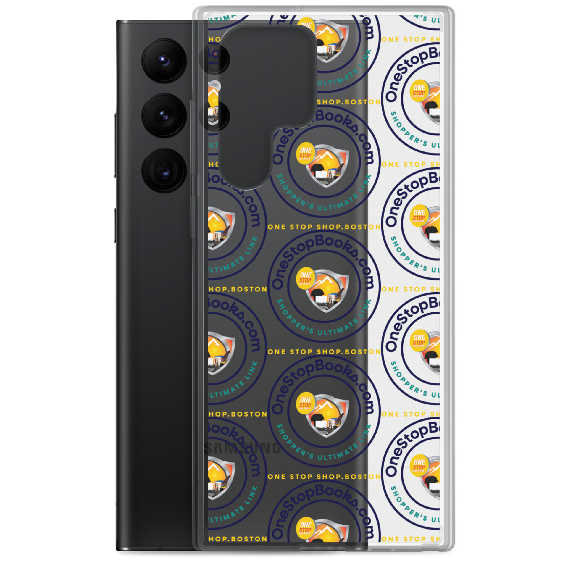 Black Samsung phone with a case.