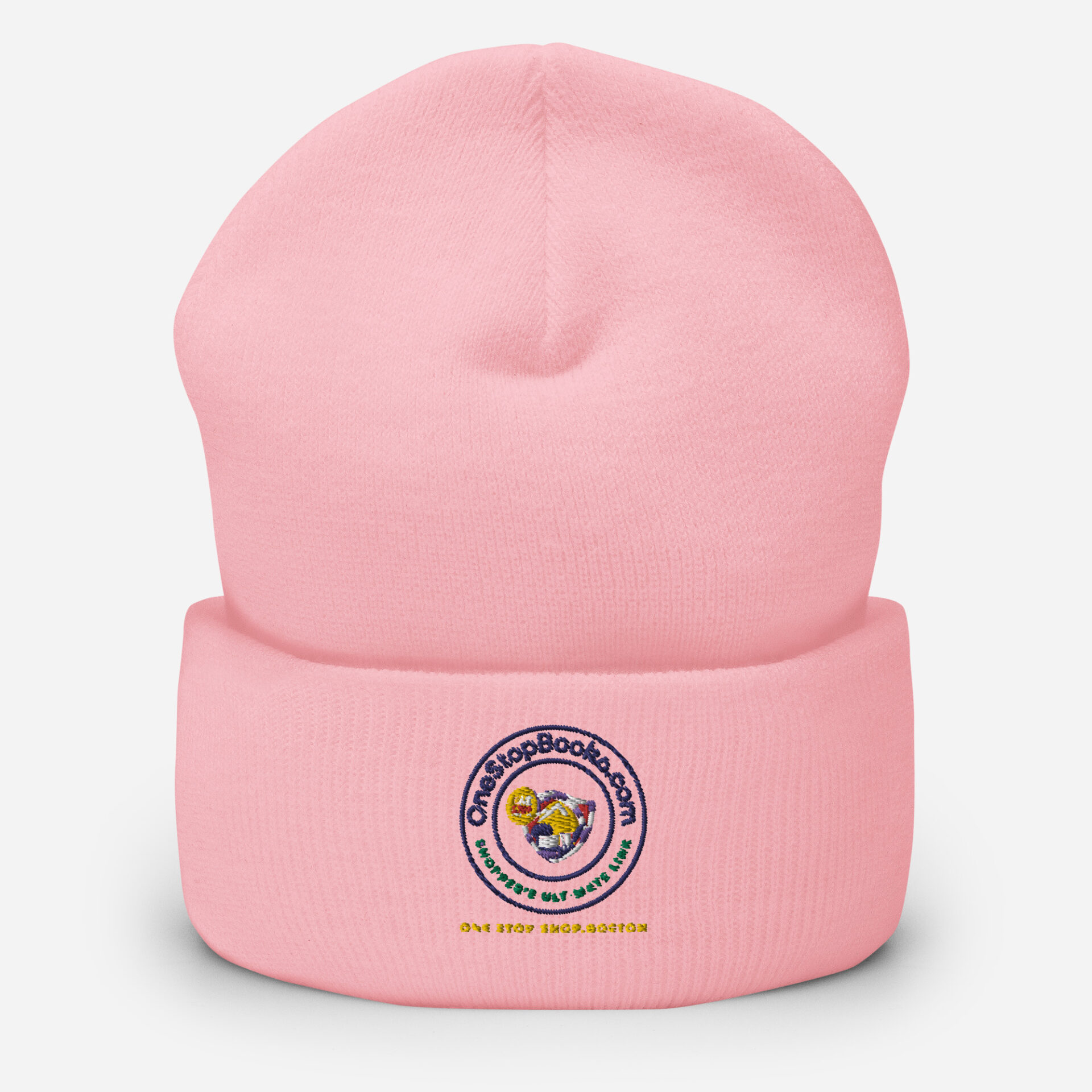 Pink beanie with logo embroidery.
