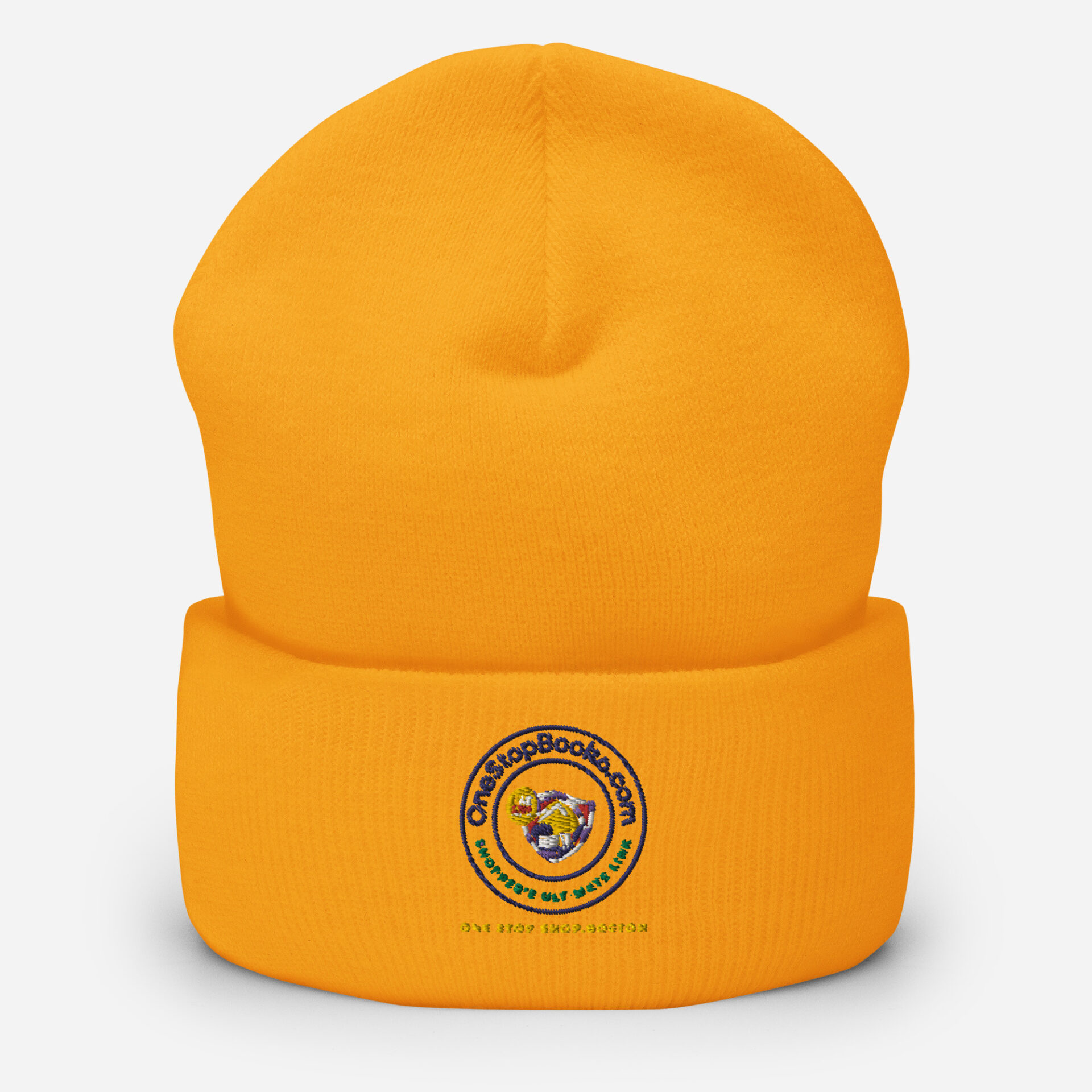 Yellow beanie with logo for "One Stop Books".