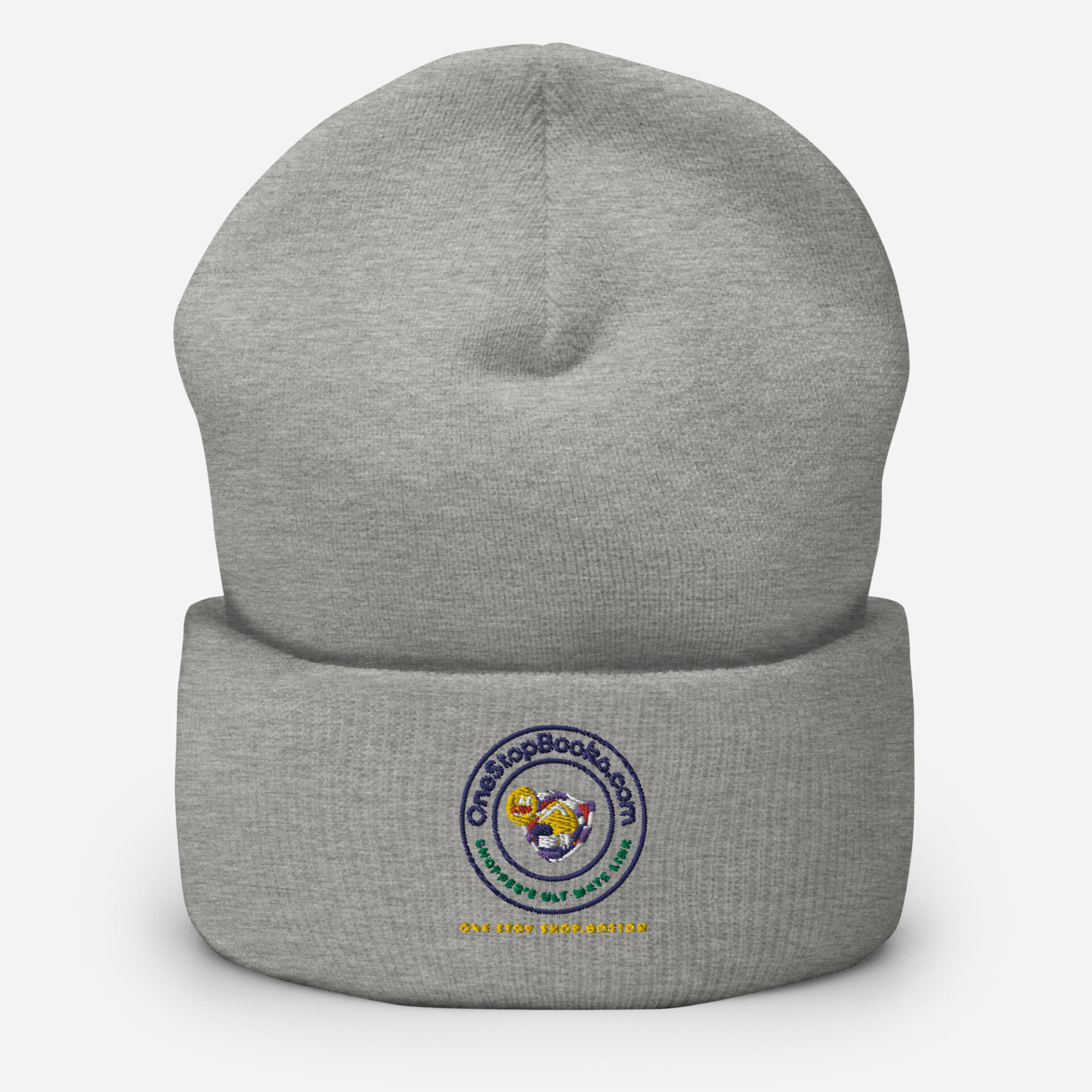 Gray beanie with logo embroidered on the cuff.