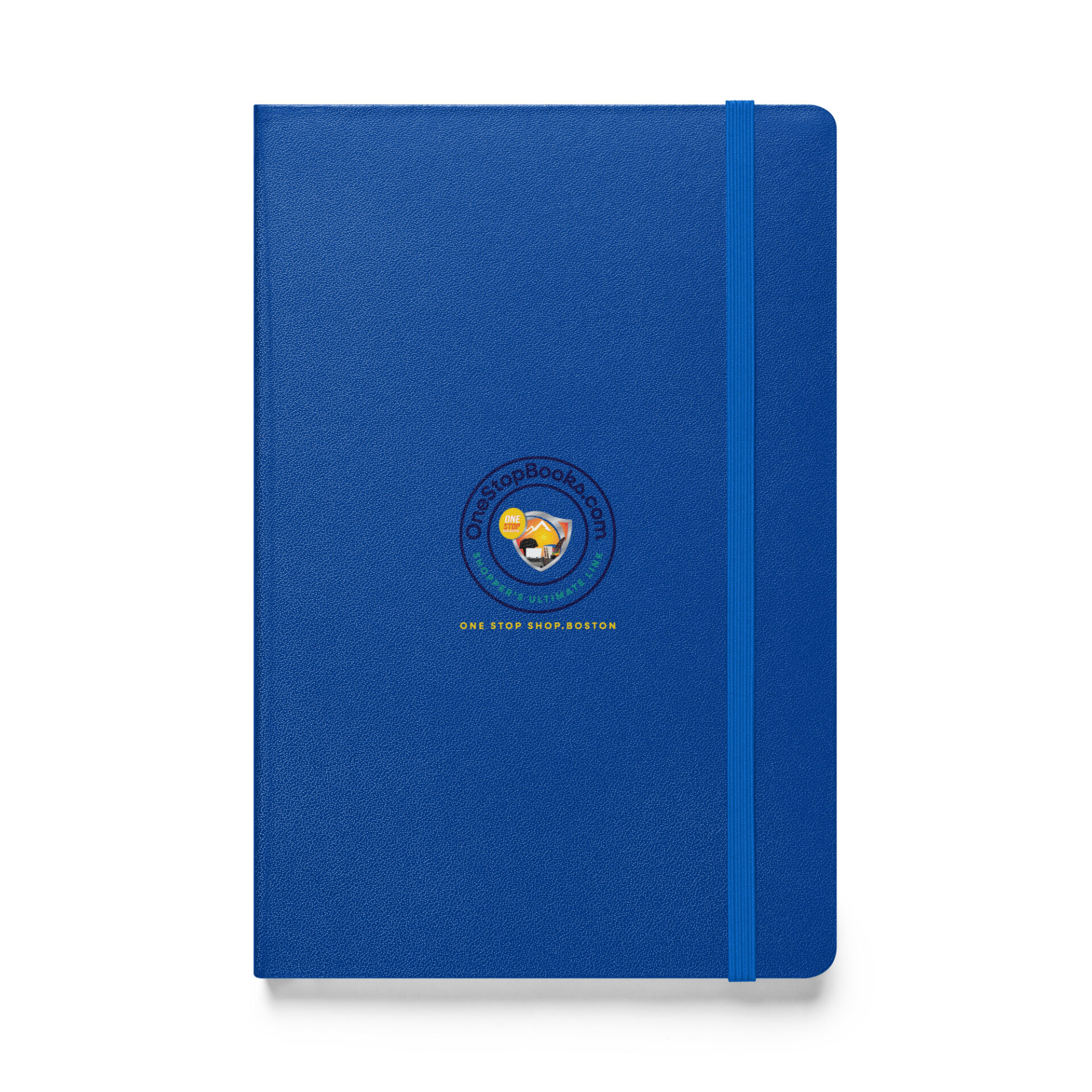 Blue leather notebook with One Stop Books logo.