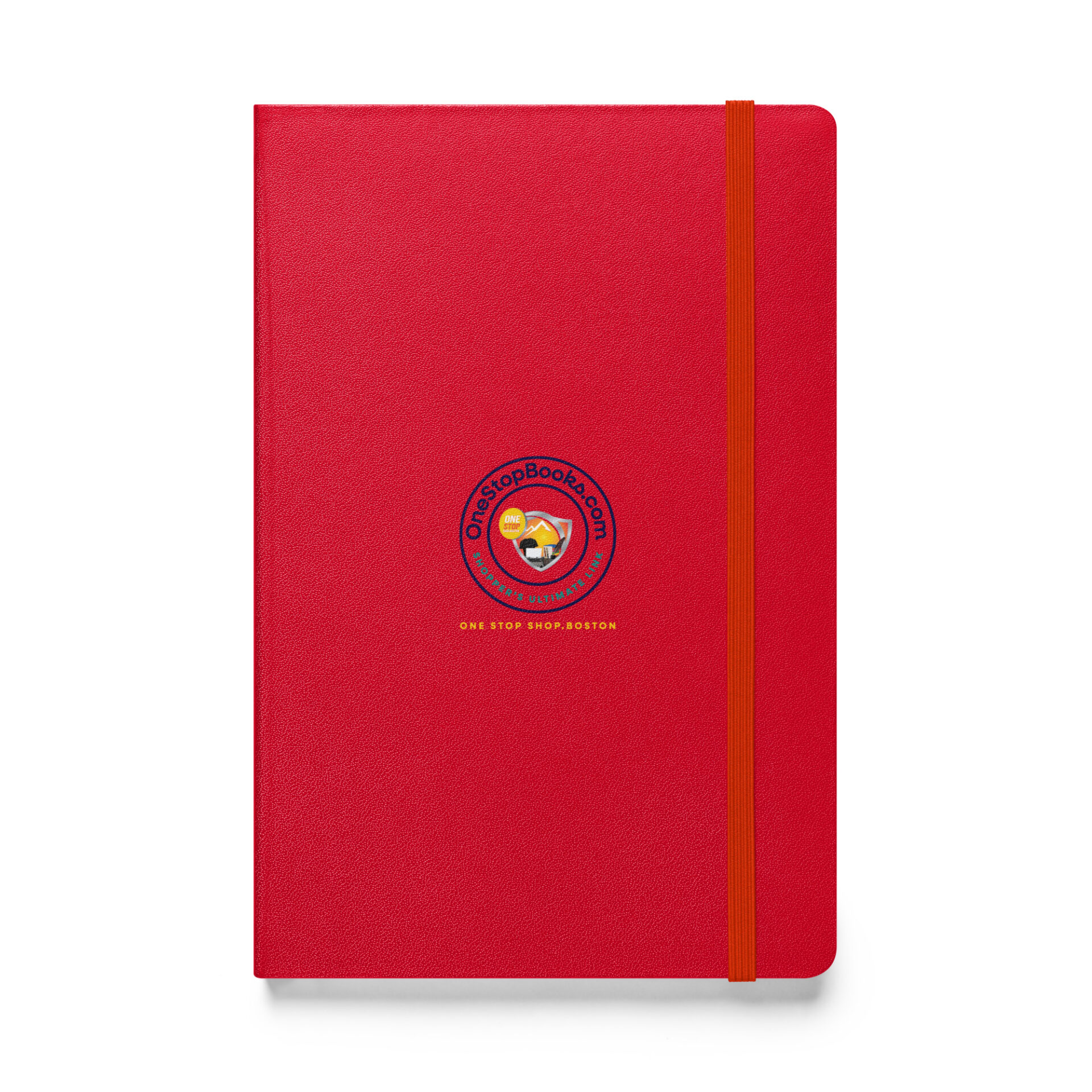 Red leather notebook with logo and elastic band.