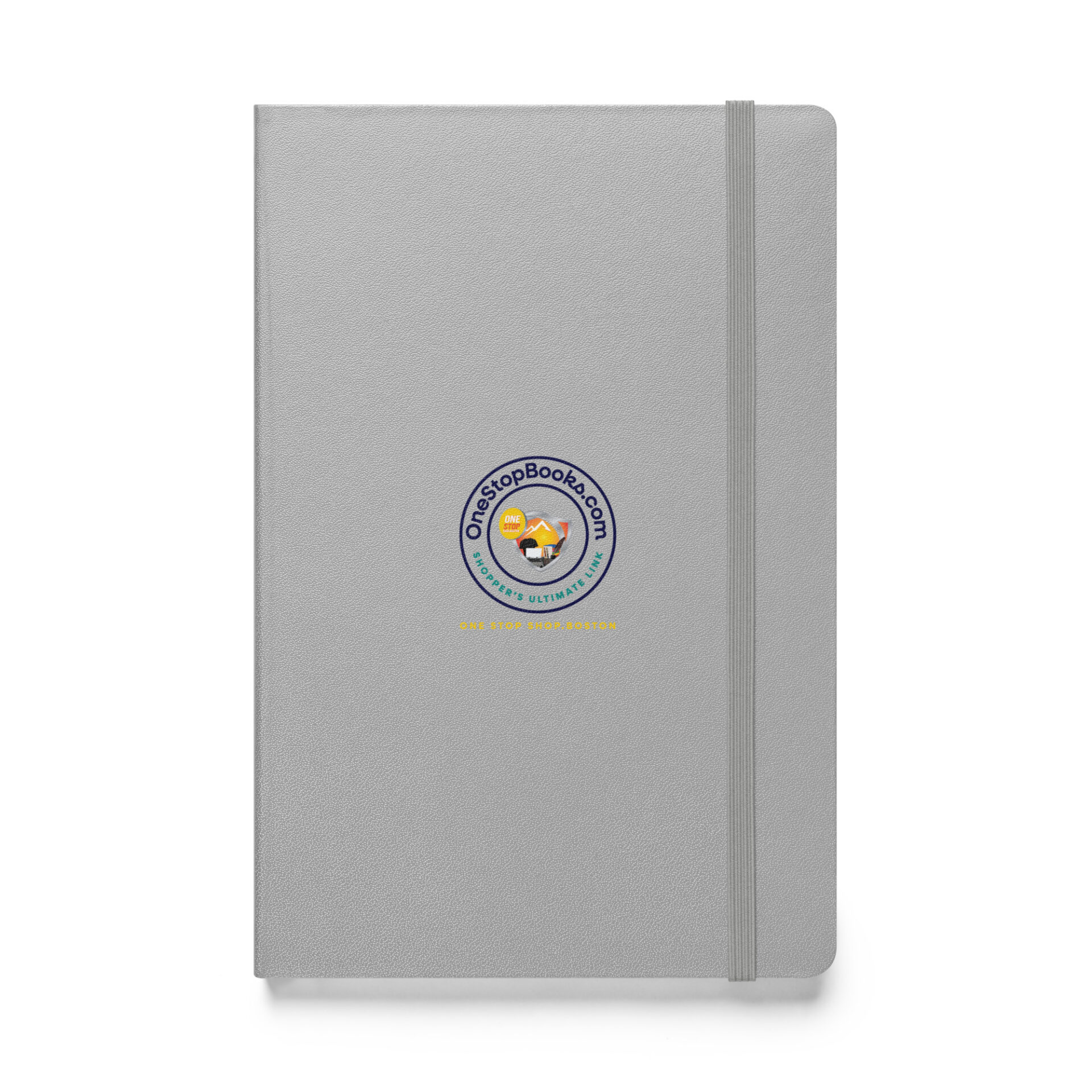 Grey hardcover notebook with logo.