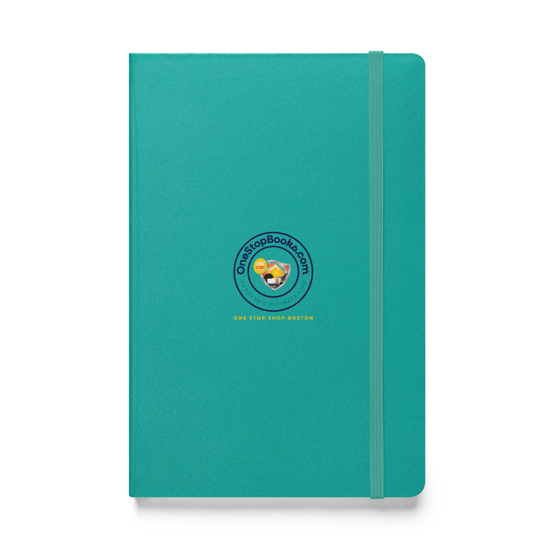 Teal leatherbound notebook with logo.